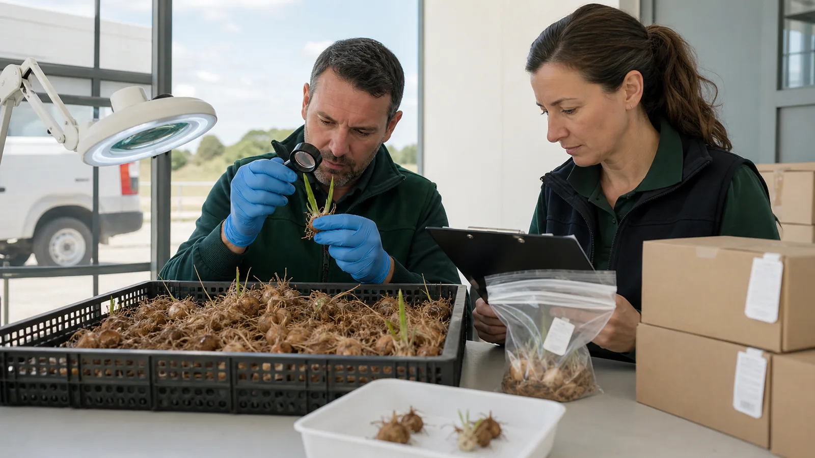 Plant inspectors checking saffron corms and shipment records