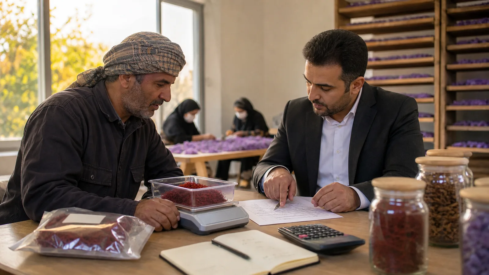 Saffron farmer and buyer reviewing weight and production costs