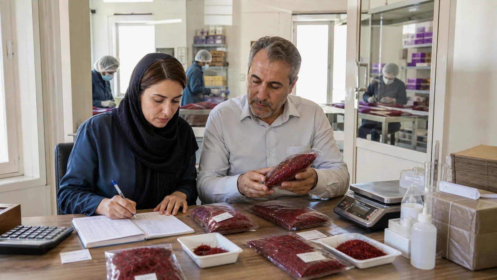 Iranian saffron lots weighed for gross value and cost calculation