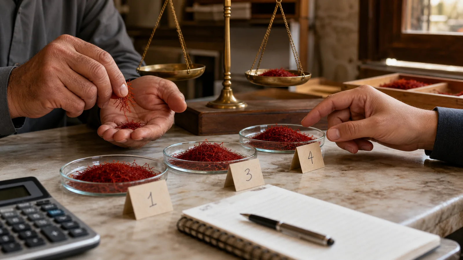 Saffron traders comparing graded threads and wholesale prices
