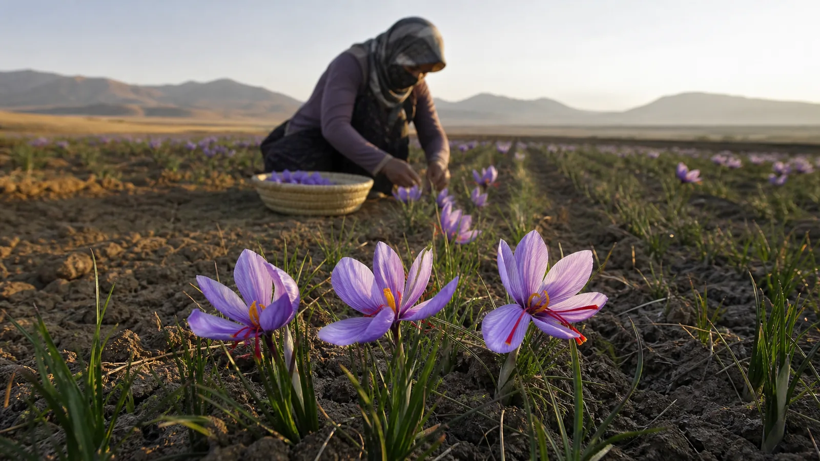 Saffron crocus flowers being harvested in a Khorasan field