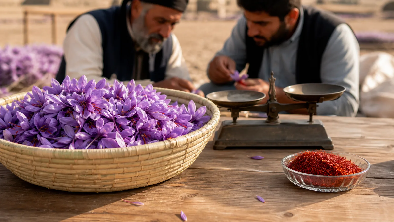 Fresh saffron flowers beside dried threads and a market scale