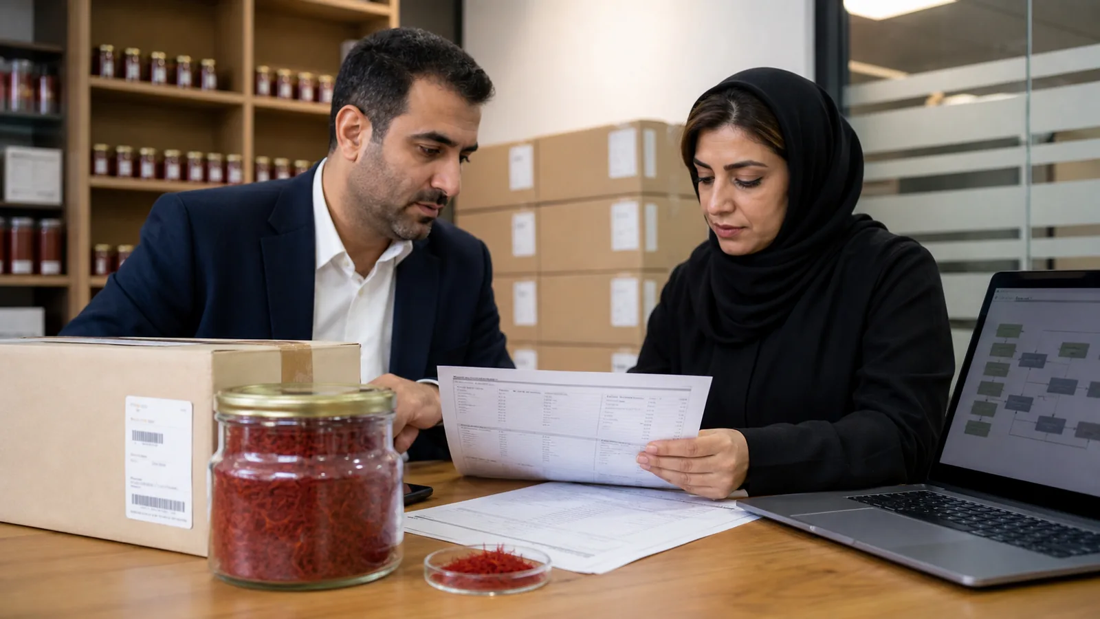 Saffron export team reviewing product and shipping documents