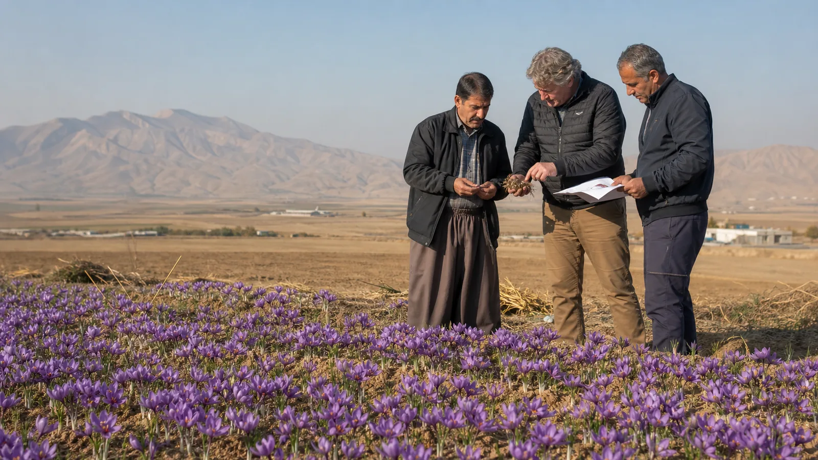 Dutch and Iranian agricultural specialists examining saffron corms in a Marand field