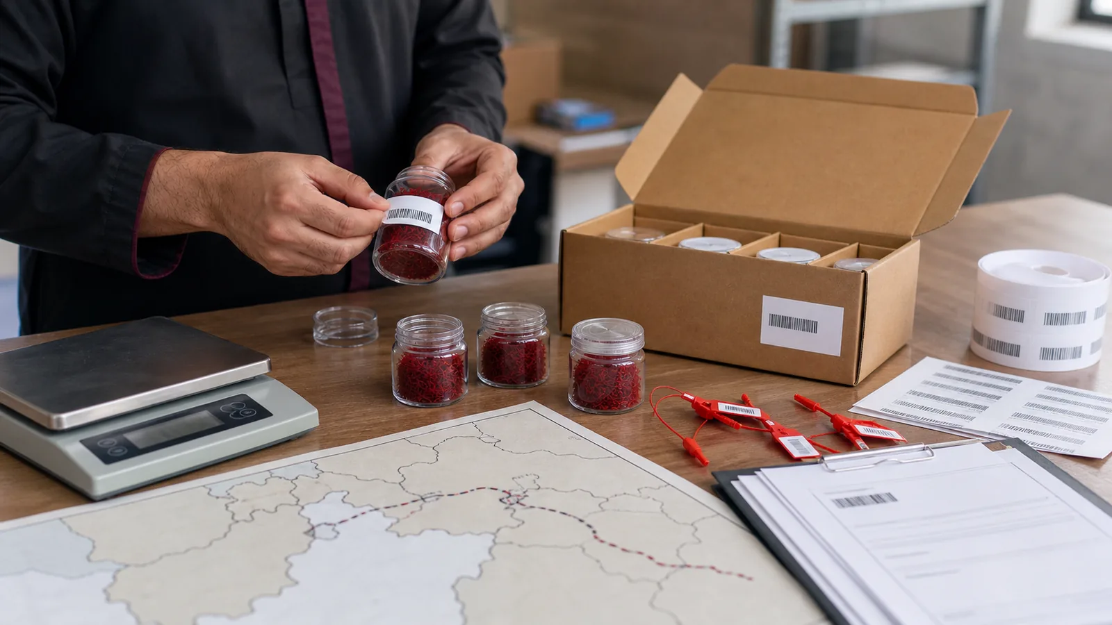 Saffron export samples being labelled for origin and batch traceability
