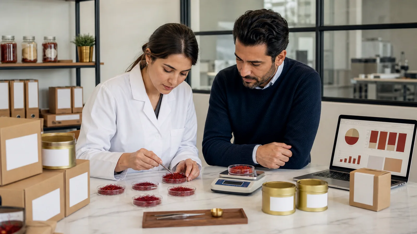 Quality specialist and export manager reviewing saffron samples for international markets