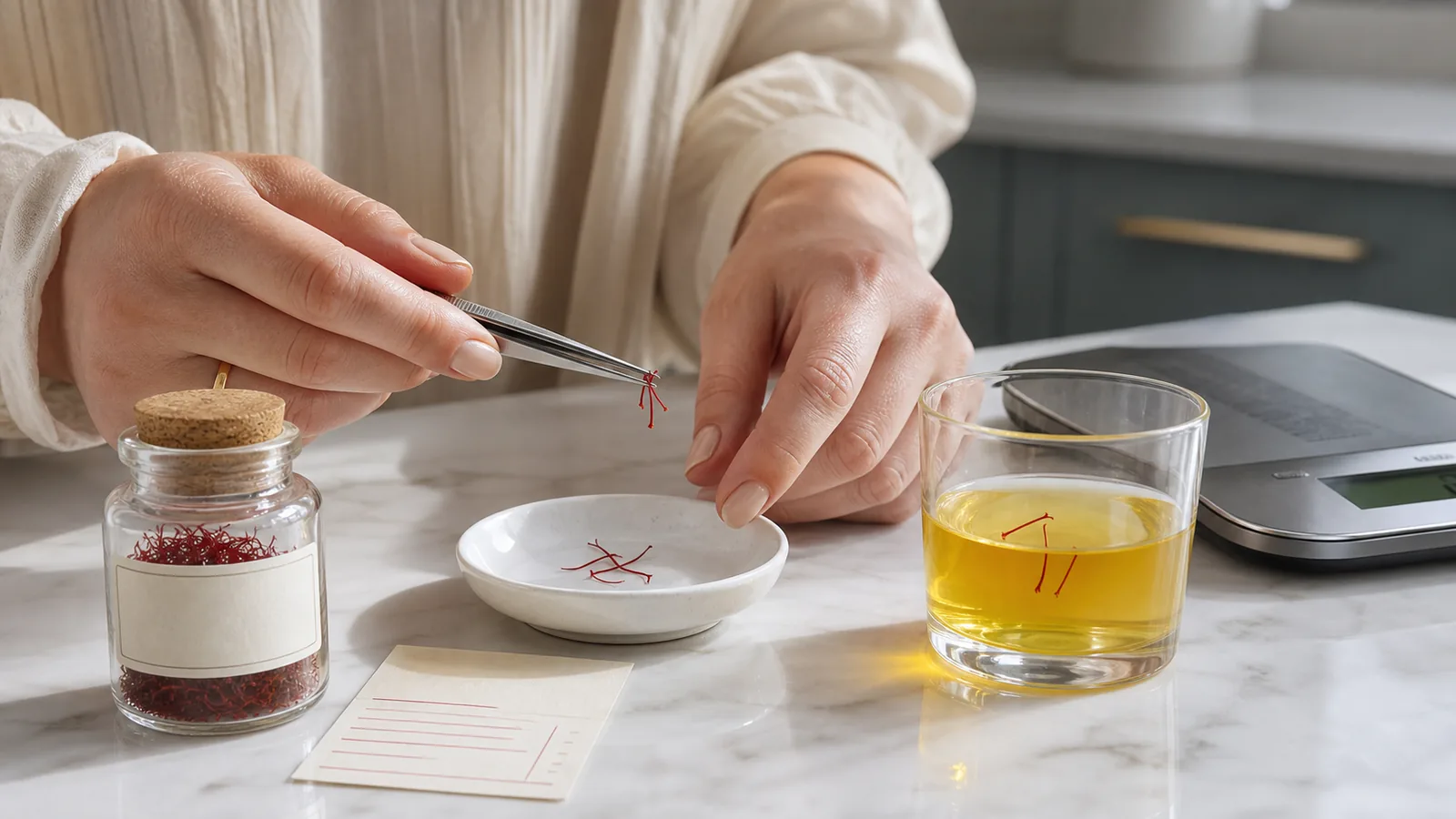 Customer inspecting whole saffron threads beside a water check and labelled jar