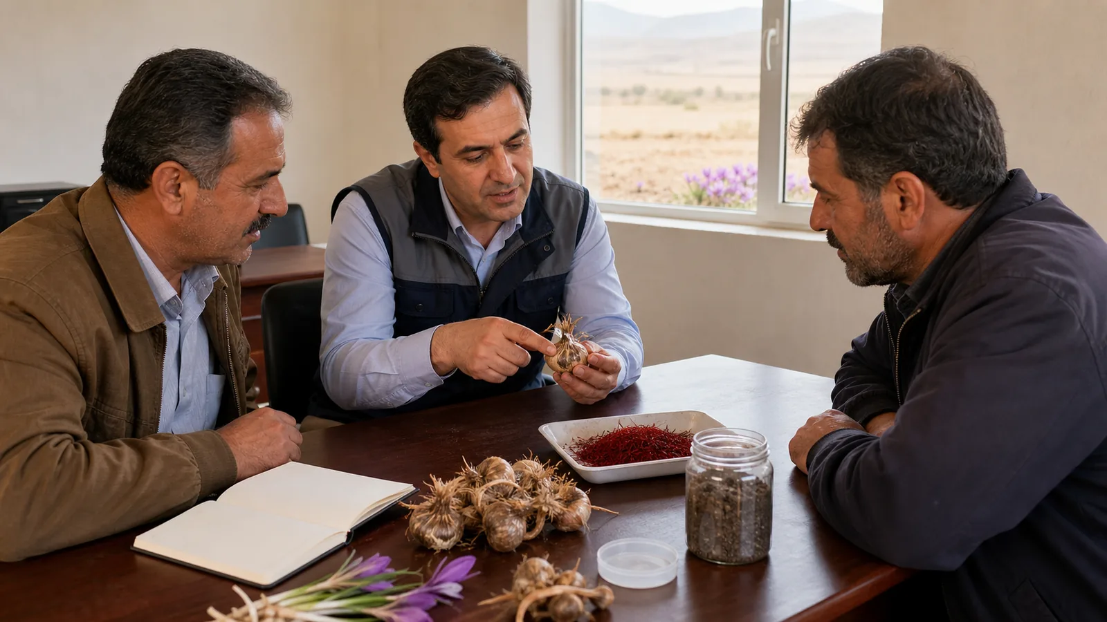 Agricultural adviser showing saffron corms to farmers in a local Piran office