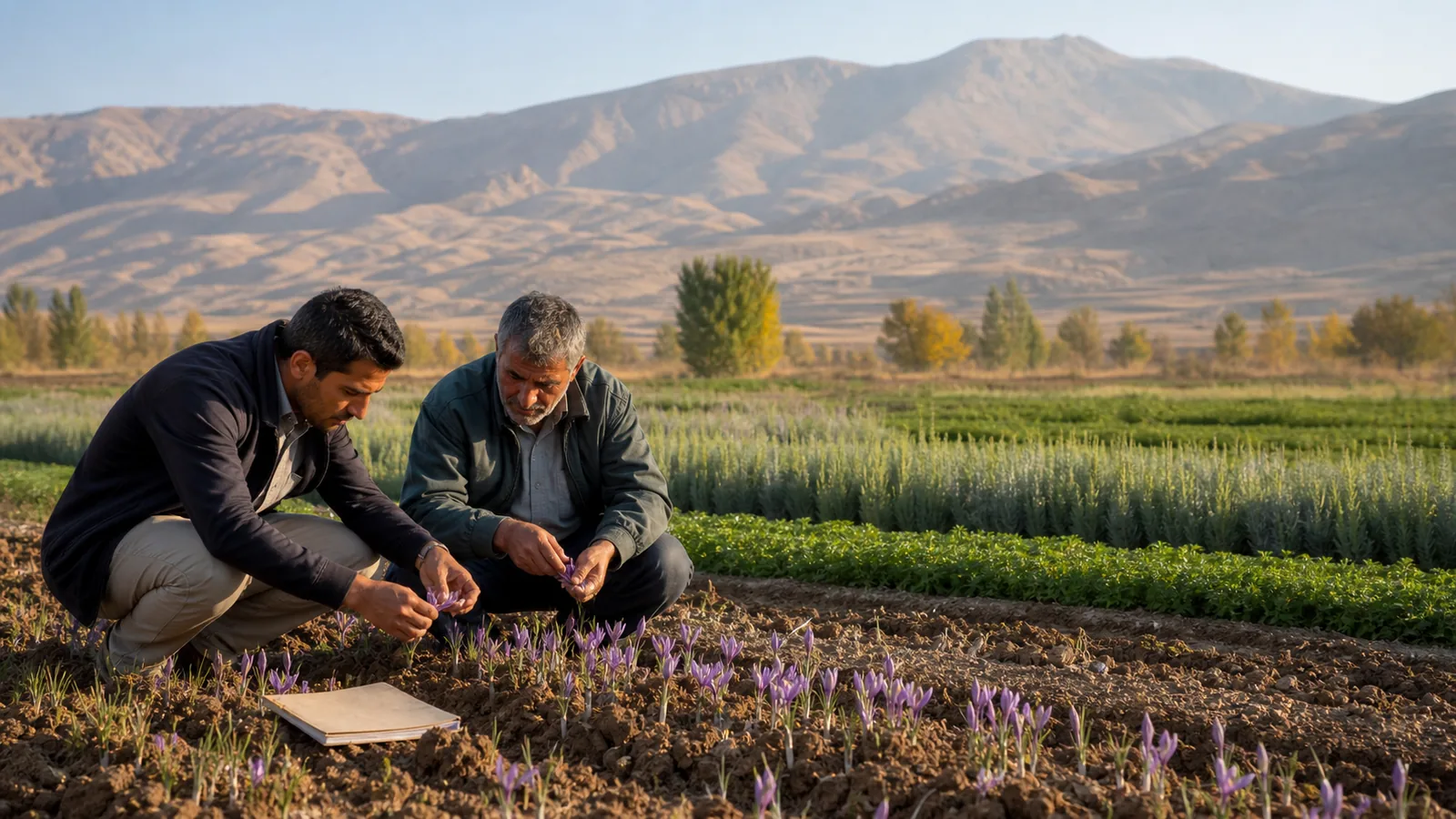 Farmer and agricultural adviser examining saffron flowers in a Lorestan field