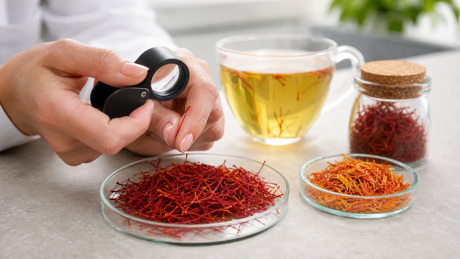 Specialist examining real saffron threads beside safflower petals