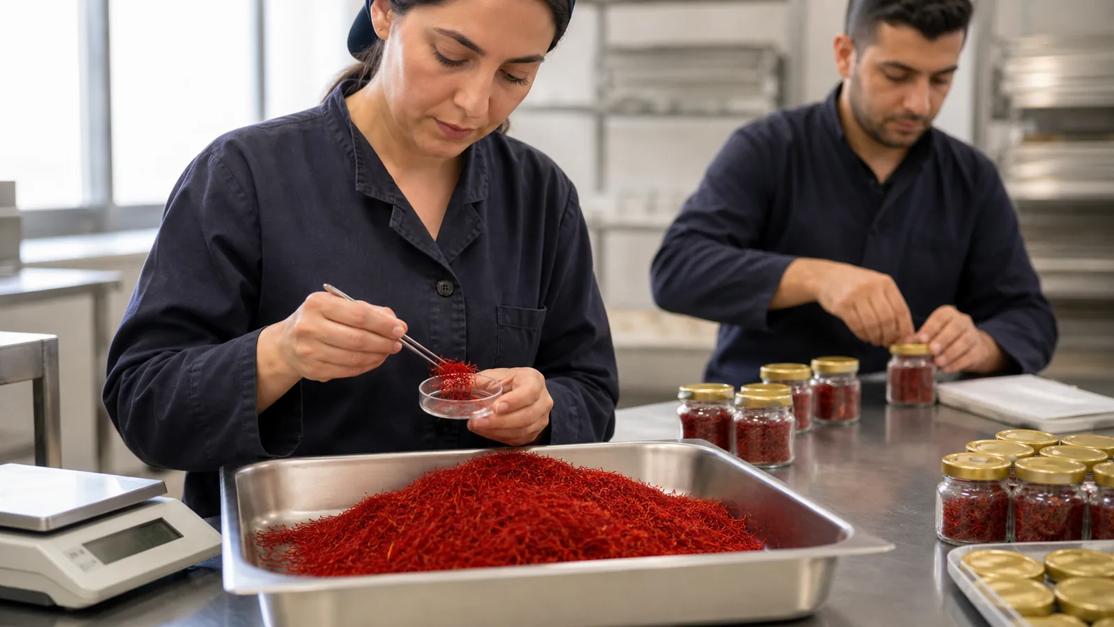 Quality specialist sampling red saffron before export packaging