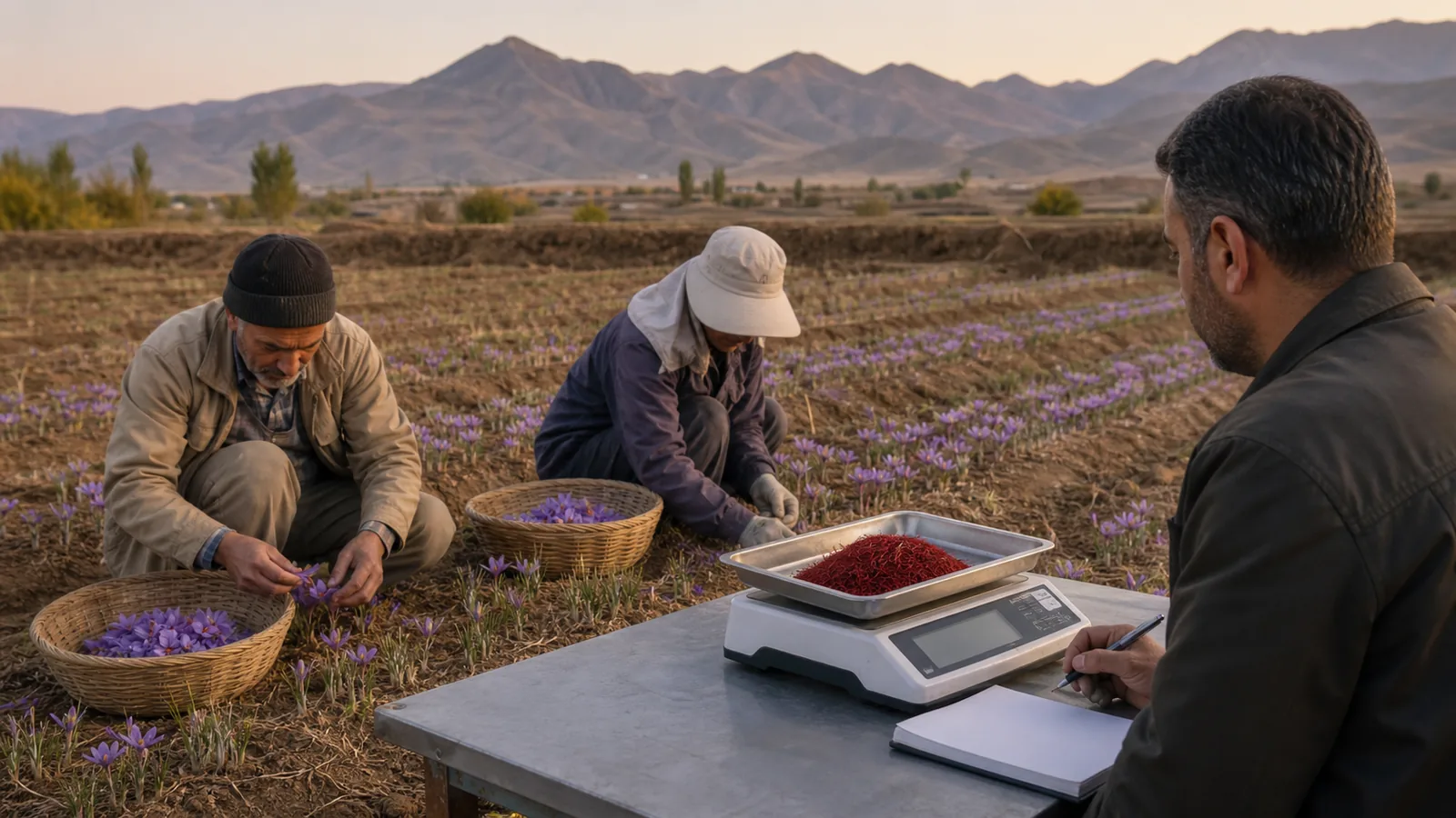 Hamedan saffron growers harvesting flowers beside a weighing station