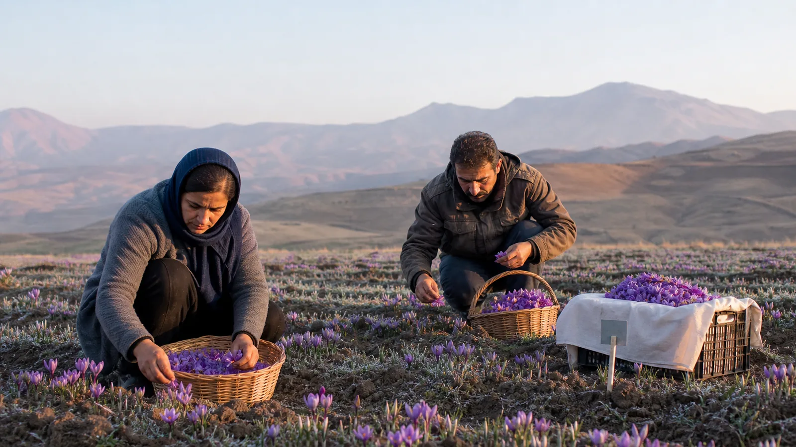 Two growers harvesting purple saffron flowers in Sareyn