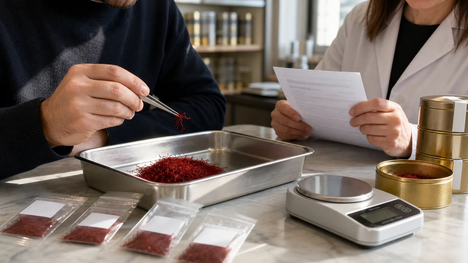 Quality professionals examining a bulk saffron sample
