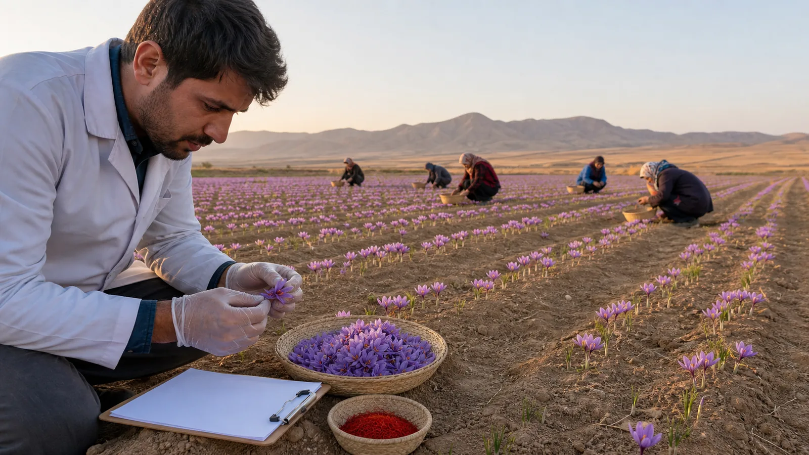 Agronomist inspecting saffron during the Iranian harvest
