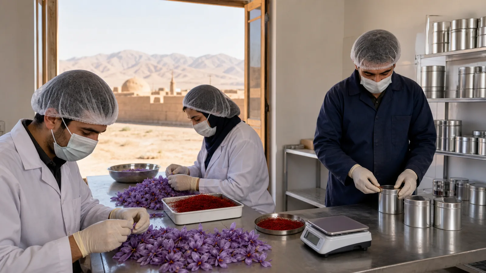 Workers processing and packing saffron in Yazd