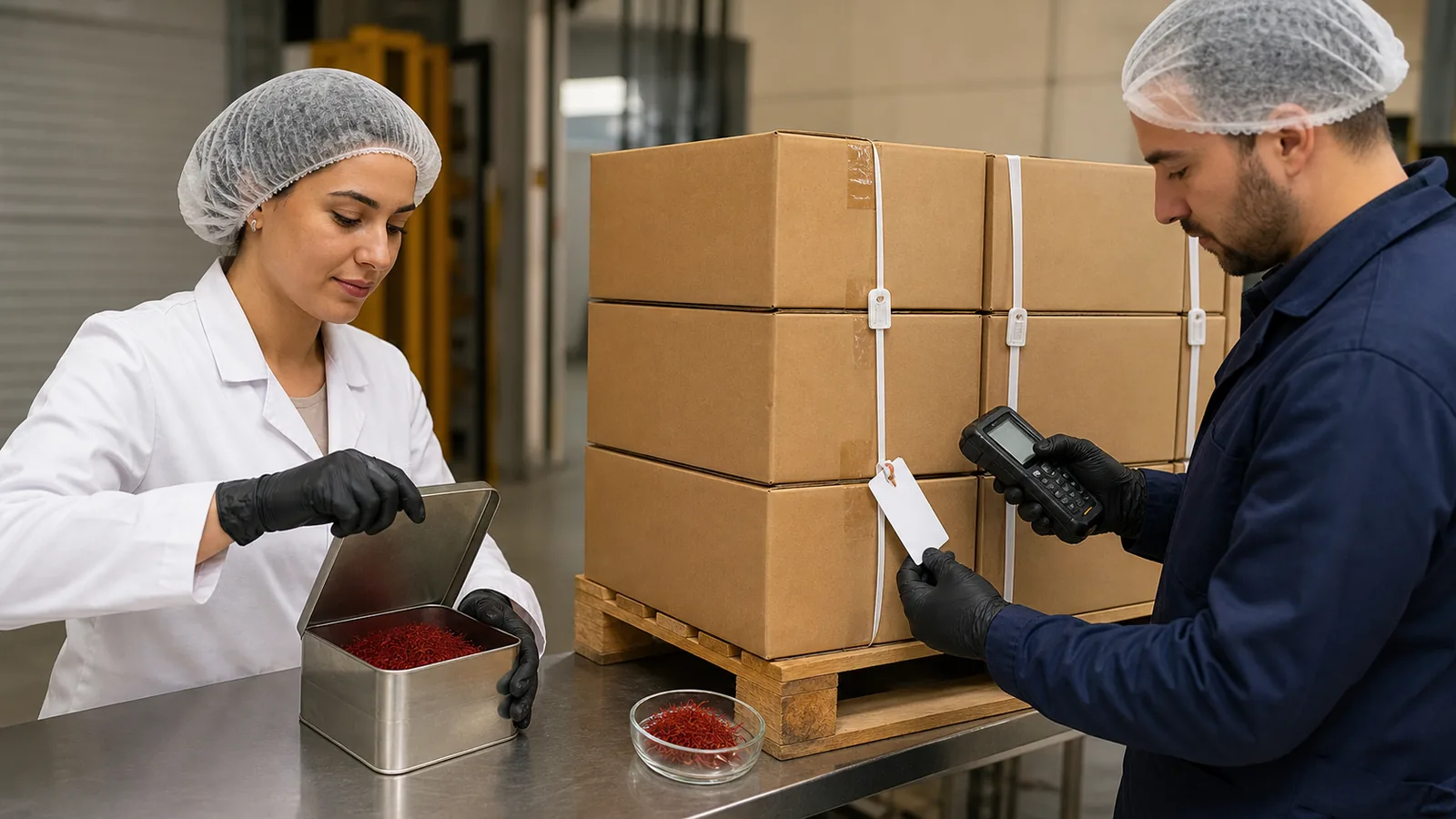 Quality team inspecting an Iranian bulk saffron export lot