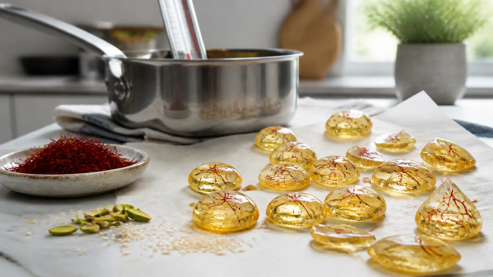 Homemade saffron hard candy with saffron threads
