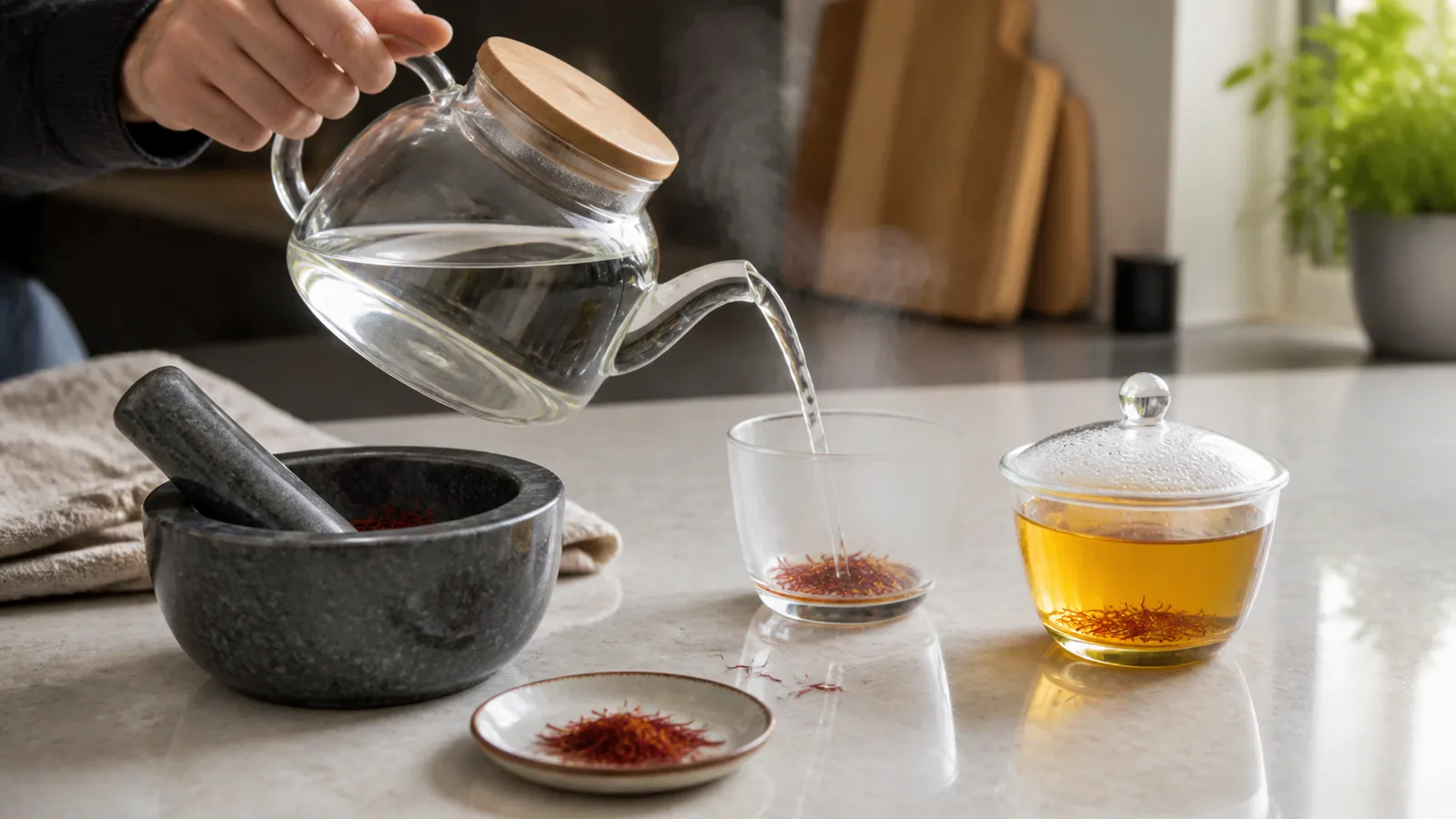 Hot water being poured over ground saffron to brew saffron