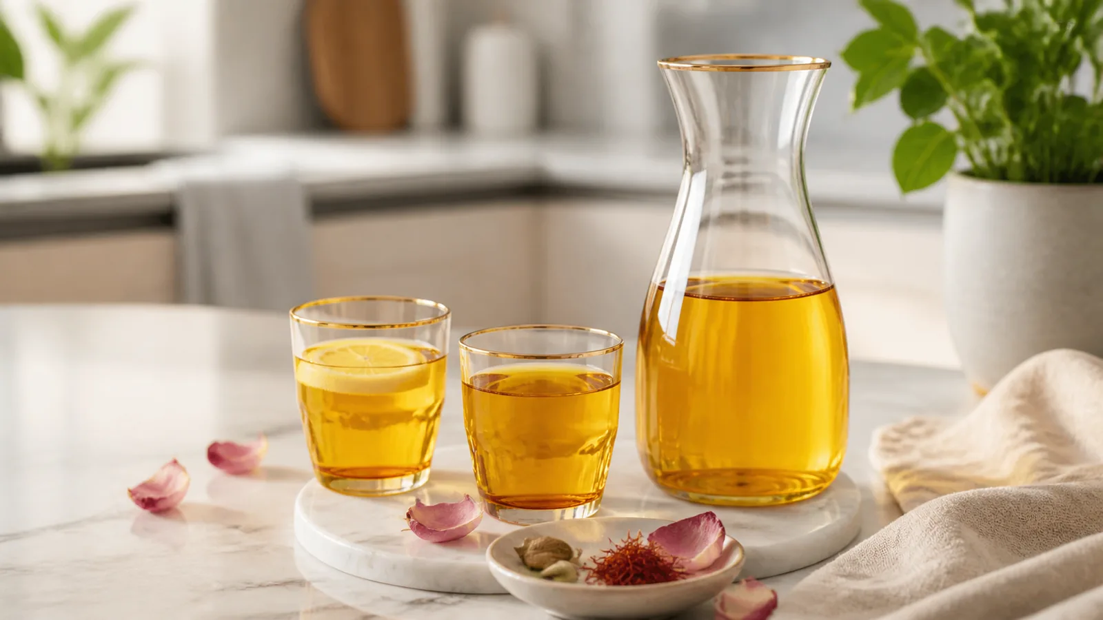 Golden saffron and rose water drink in clear glasses