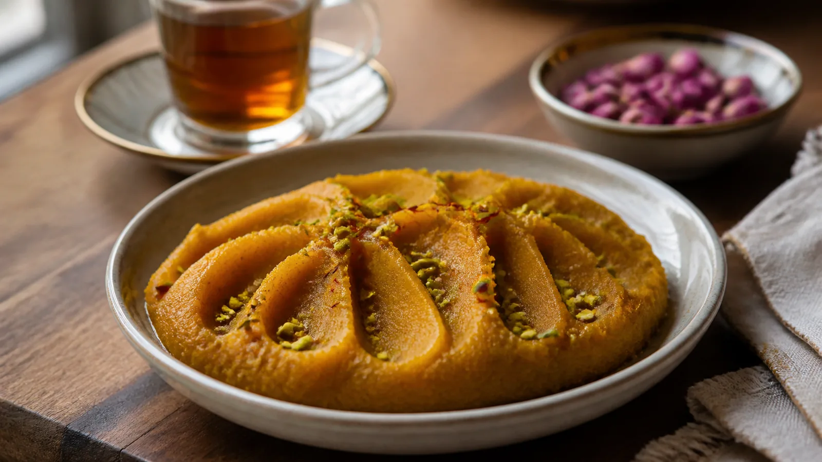Persian saffron halva with pistachio garnish