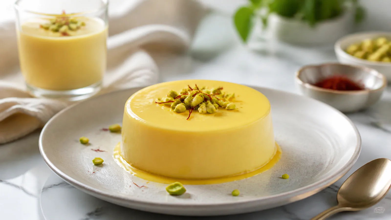 Chilled saffron dessert with pistachio garnish
