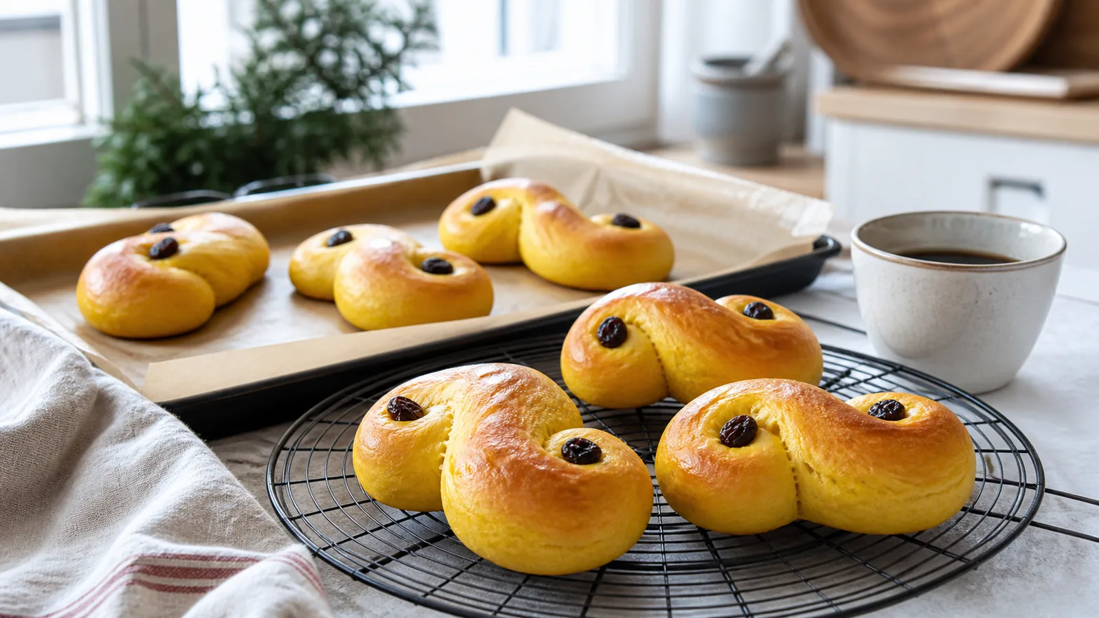 Swedish saffron bread buns shaped with raisins