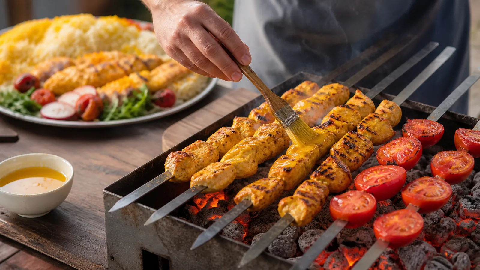Saffron chicken kebabs grilling with tomatoes