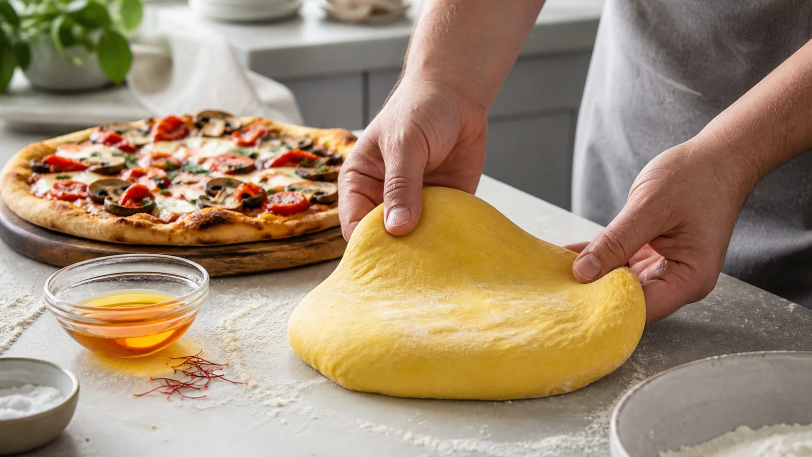 Golden saffron pizza dough being stretched by hand