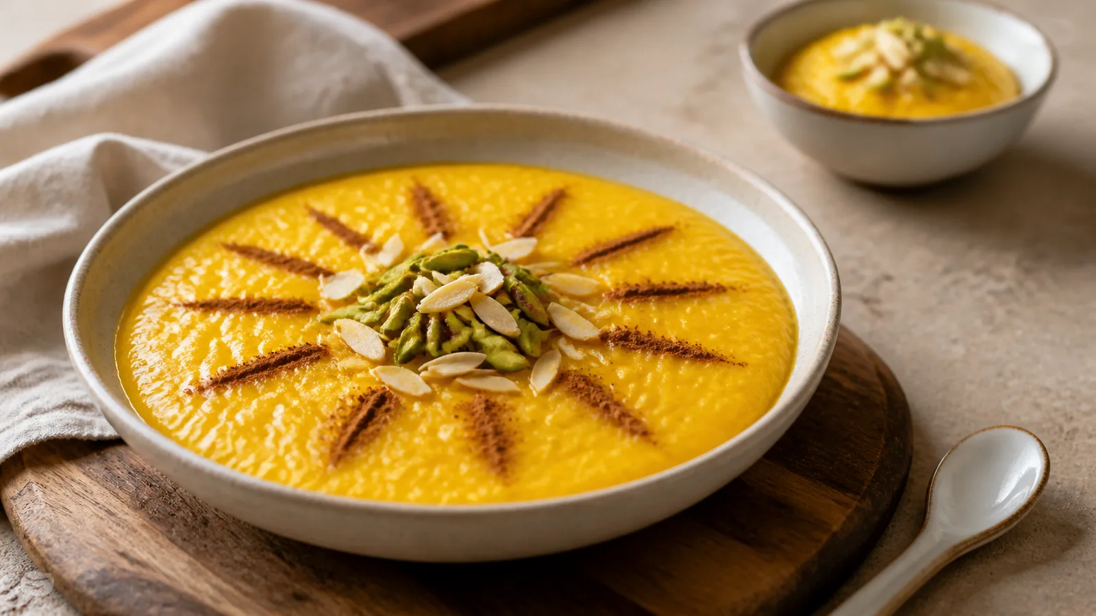 Persian sholeh zard with cinnamon, almonds and pistachios