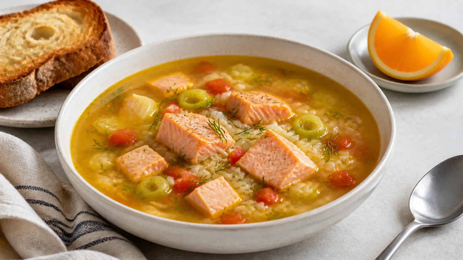 Saffron fish soup with salmon, rice, leek and dill