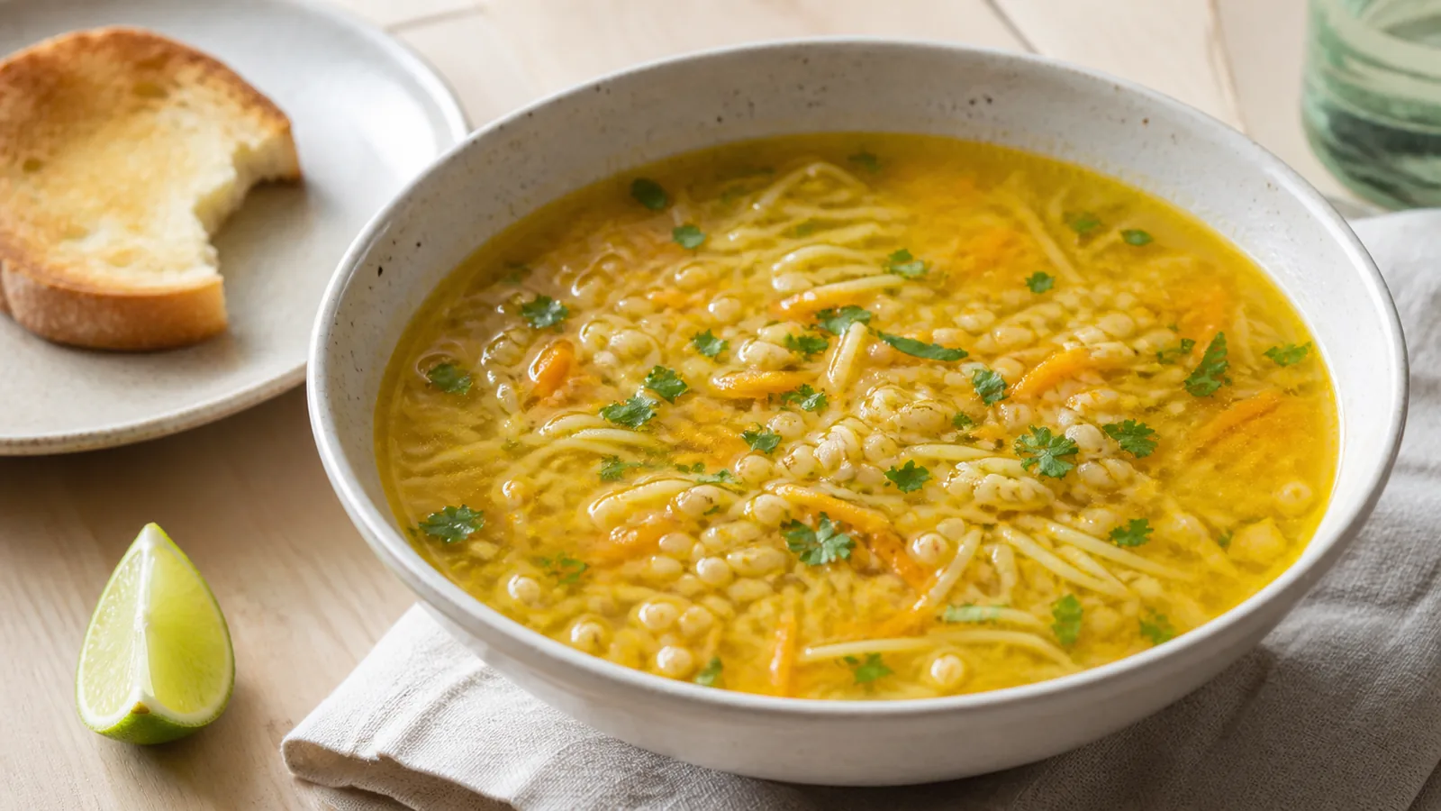 Vermicelli saffron soup with barley, carrot and parsley