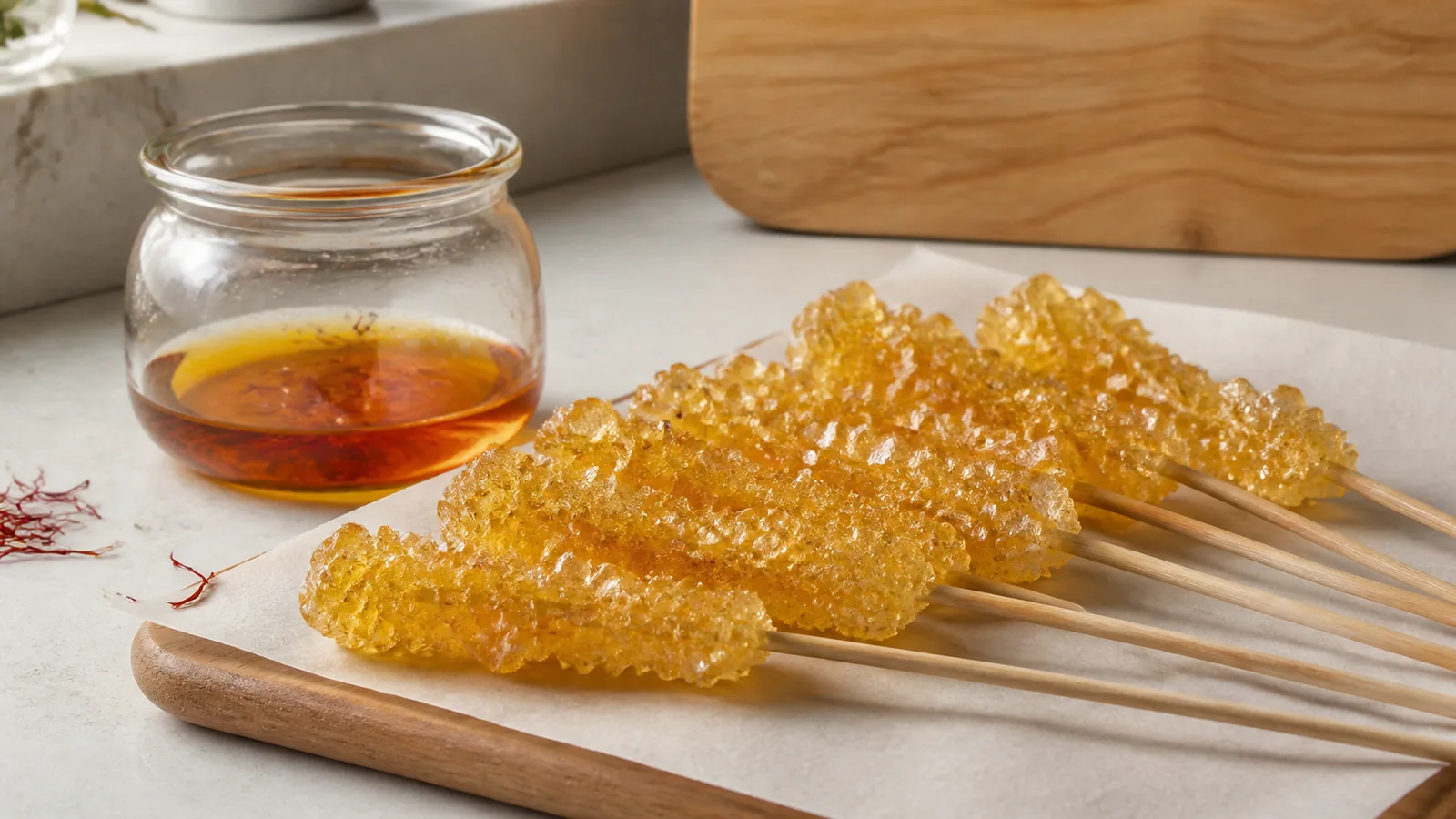 Golden saffron rock candy crystals on wooden sticks