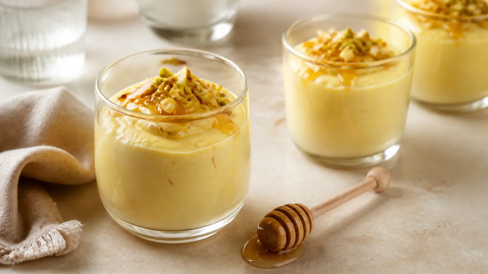 Honey and saffron mousse with pistachio