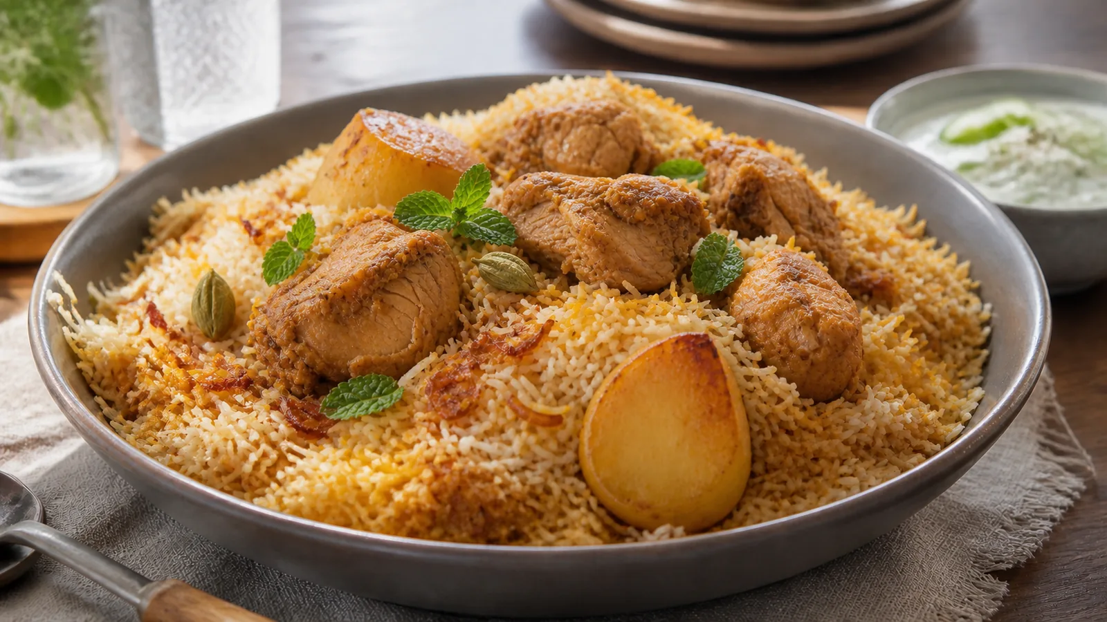 Pakistani chicken biryani with saffron rice and potatoes