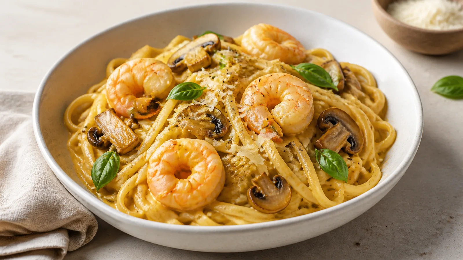 Saffron shrimp and mushroom pasta with basil