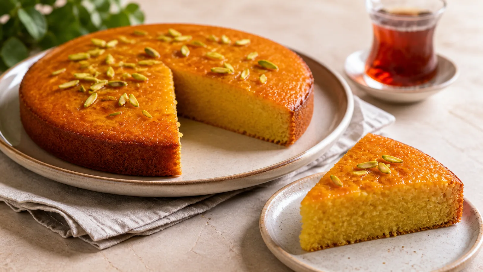 Saffron cake with golden crumb and pistachio
