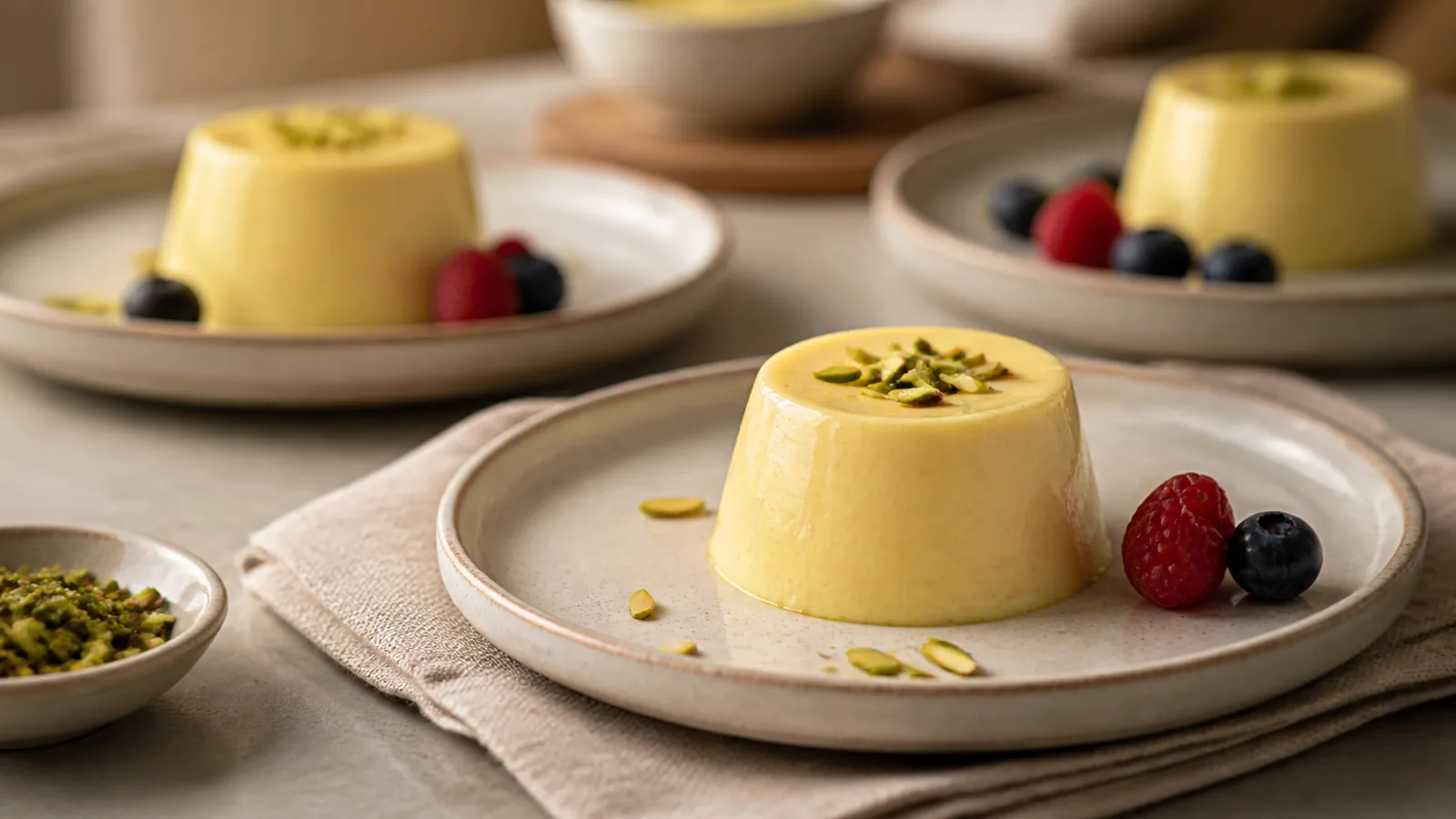 Moulded saffron cream dessert with pistachio and berries