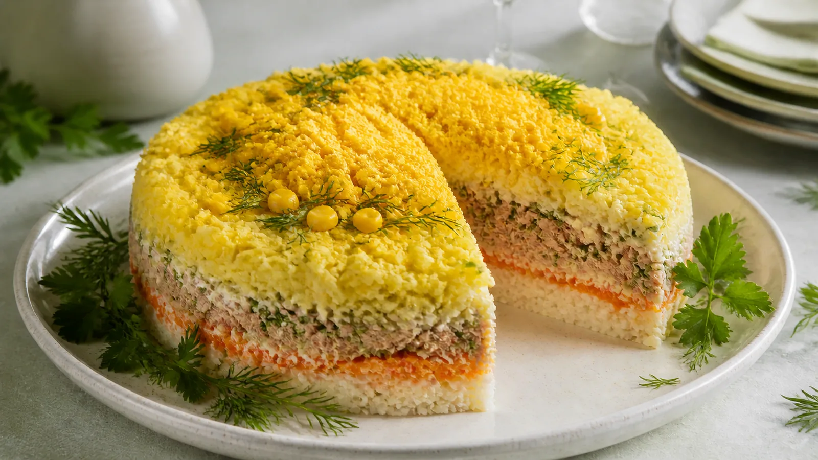 Saffron mimosa salad with tuna, rice, carrot and herbs