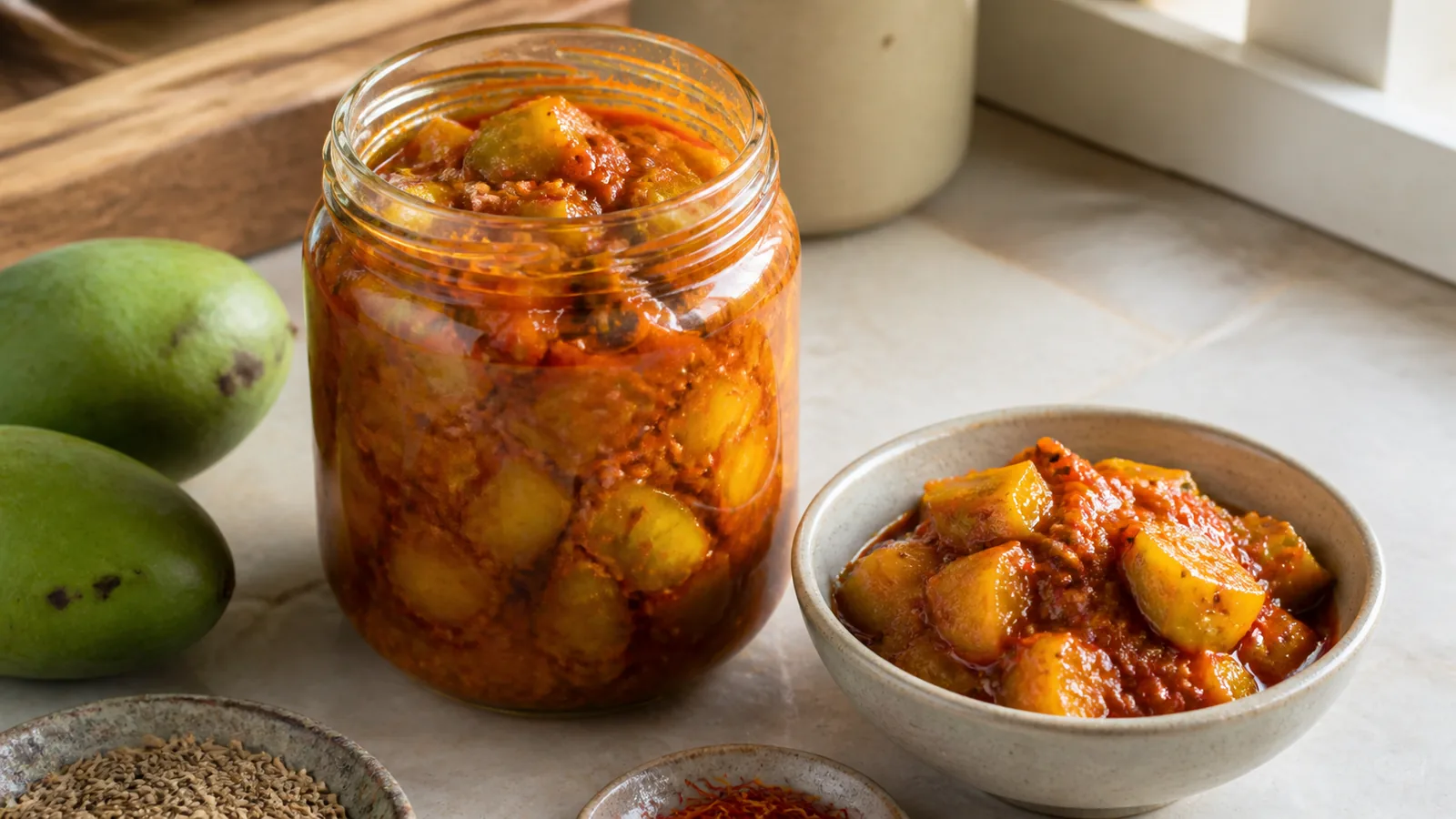 Saffron mango pickle in a glass jar and serving bowl