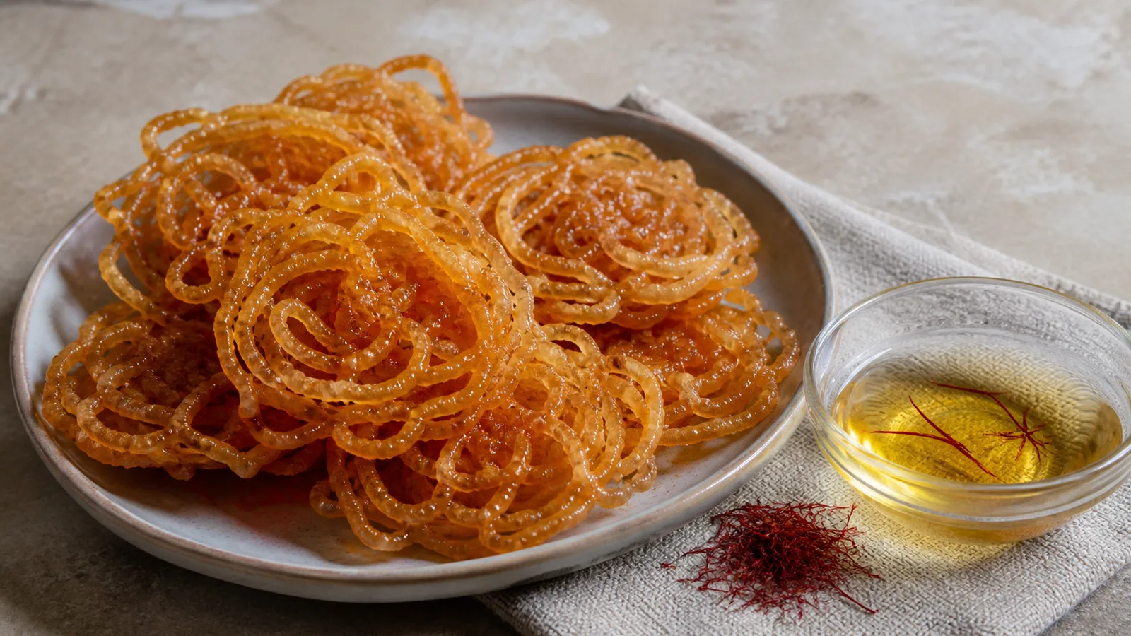 Persian zoolbiya with saffron rosewater syrup