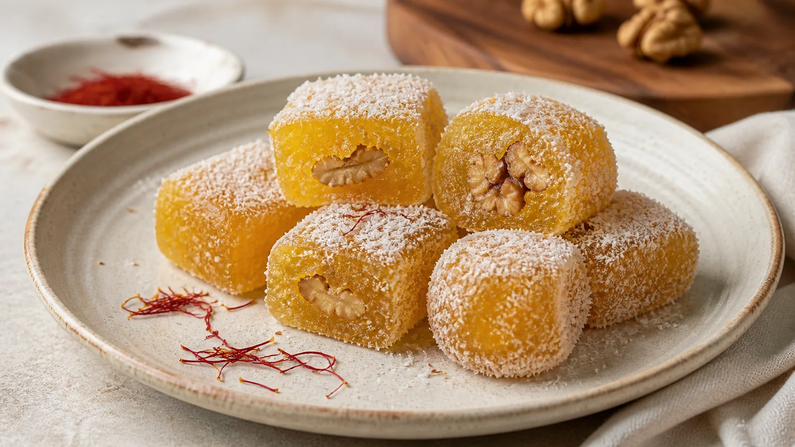Persian rahat ol holghoom with saffron walnuts and coconut