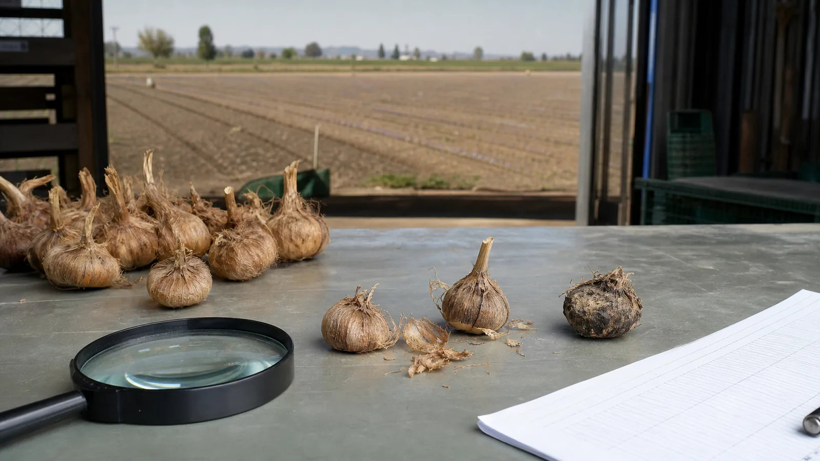 Saffron corms being inspected for quality and disease