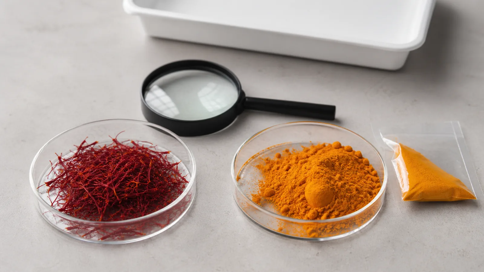 Genuine saffron threads beside an unknown colouring powder
