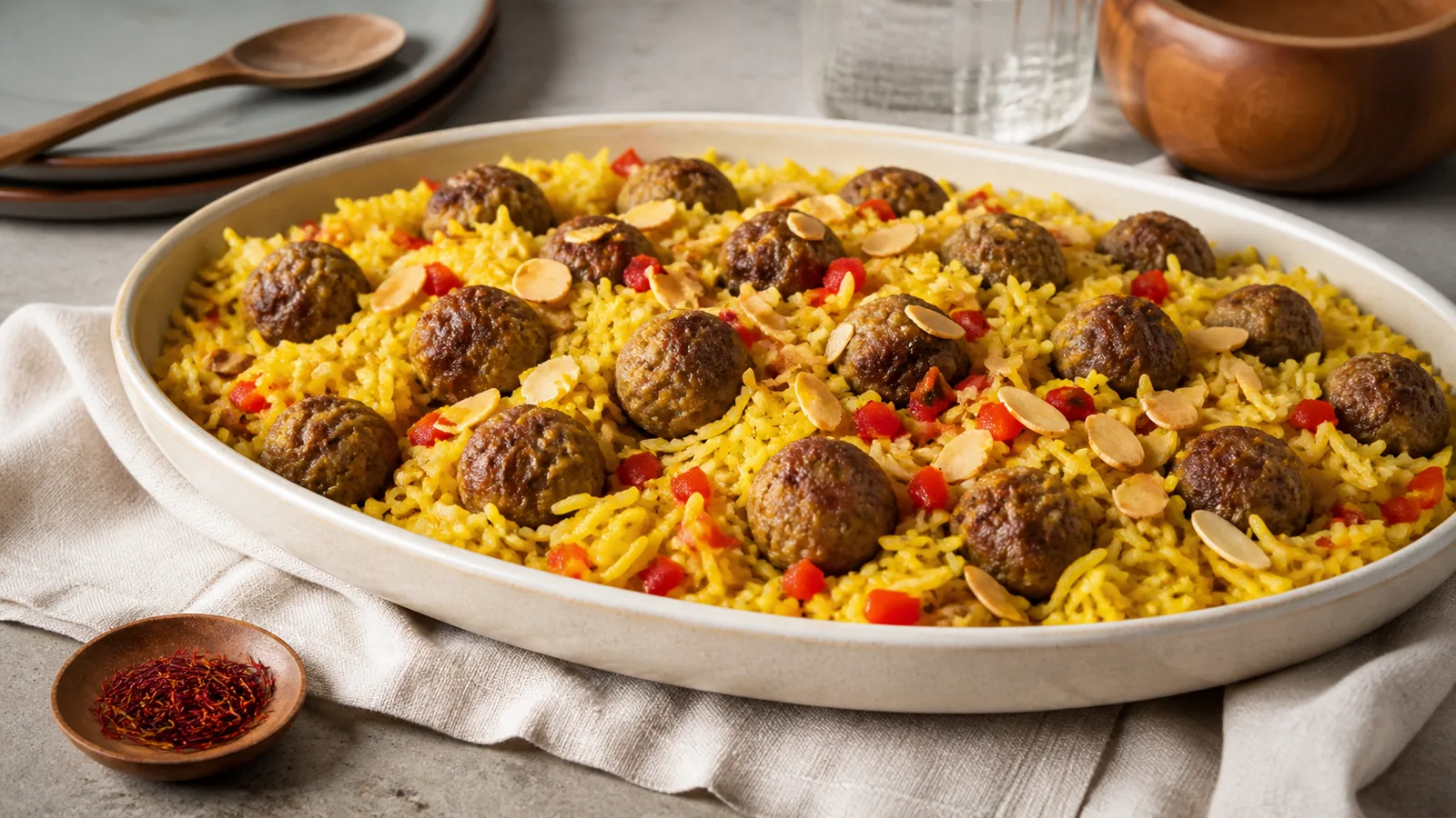 Saffron pilaf with spiced meatballs and red peppers