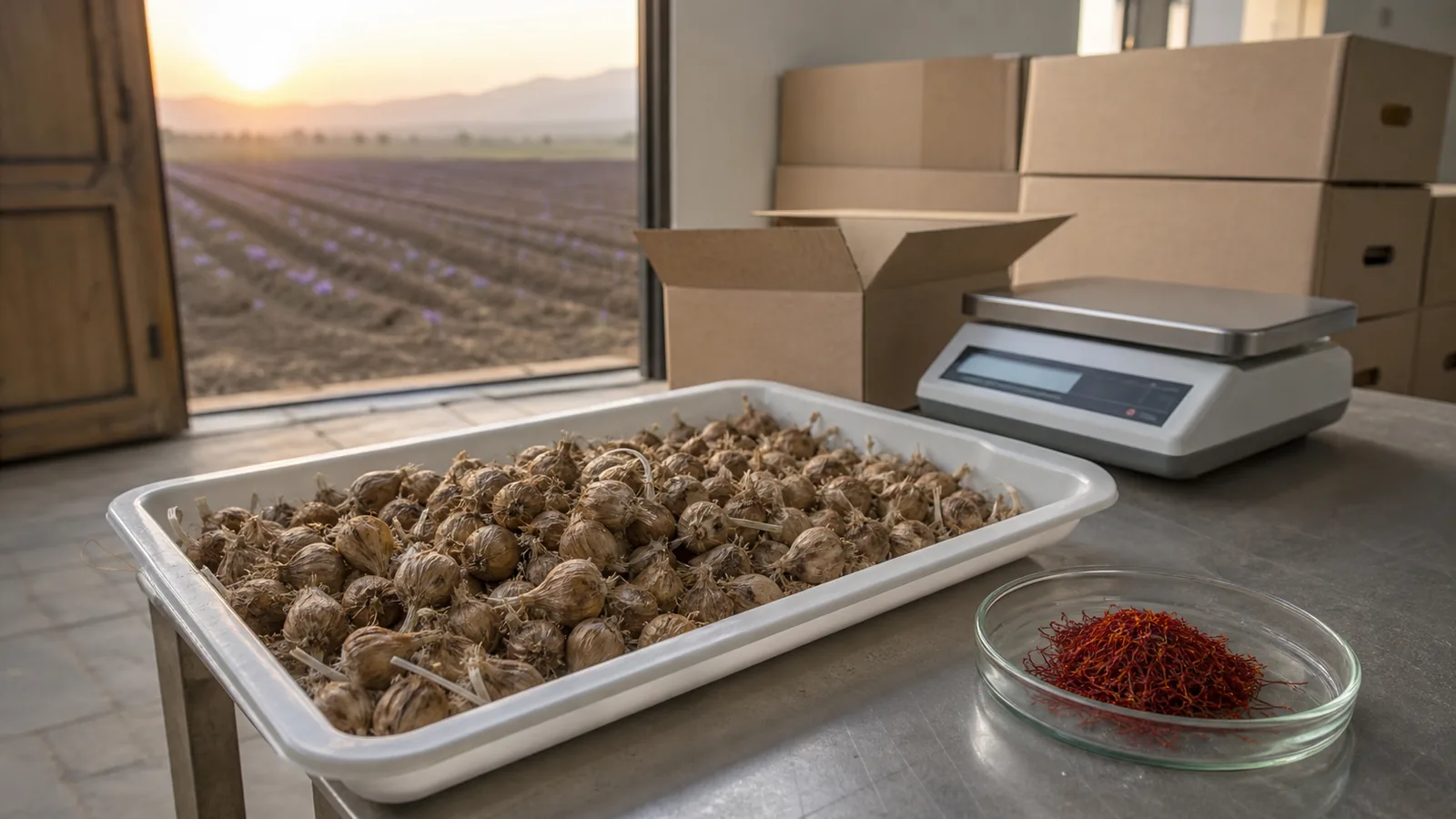 Saffron corms and threads prepared for quality-controlled export
