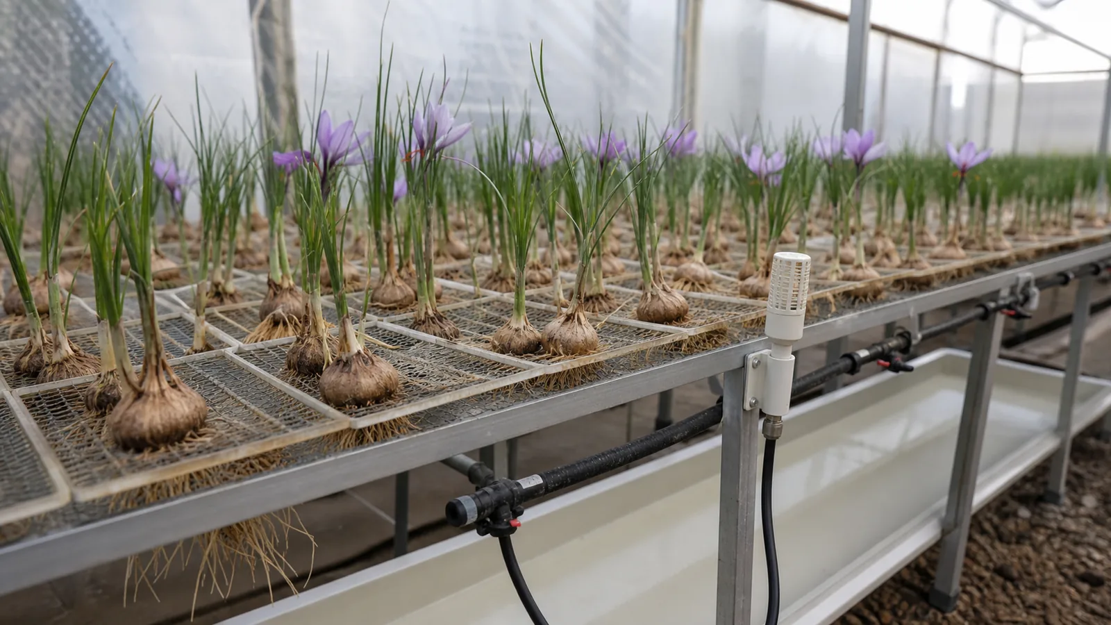 Saffron corms growing without soil in greenhouse trays