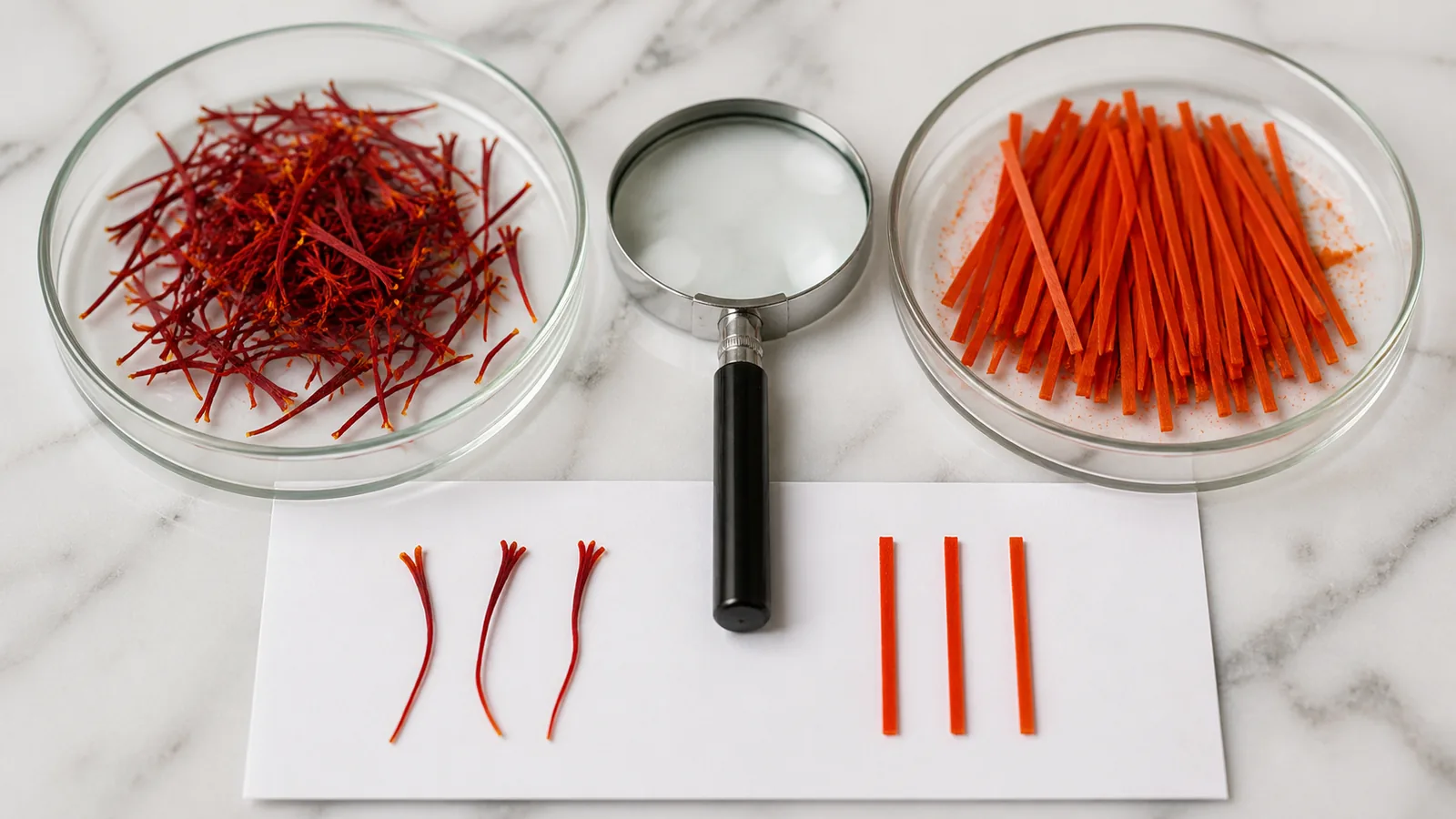 Genuine saffron threads compared with imitation plant fibres