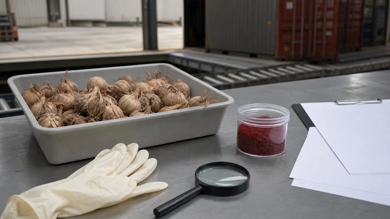 Saffron corms and culinary threads at an agricultural inspection