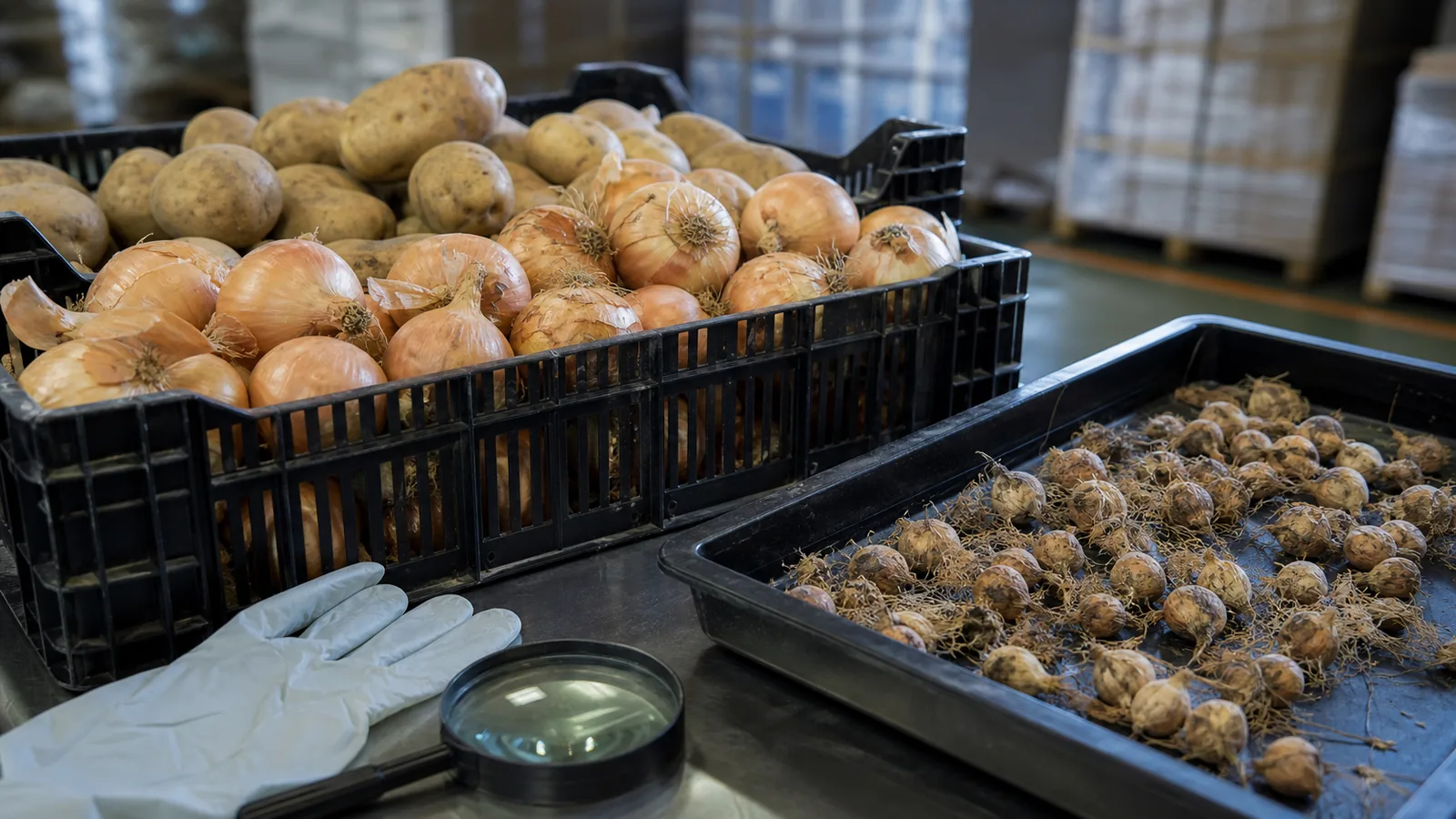 Saffron corms separated from onions and potatoes for inspection
